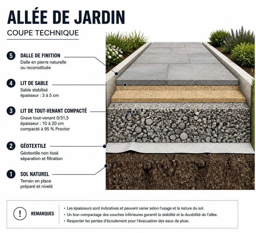 Schéma technique de pose de dalles pour allée de jardin