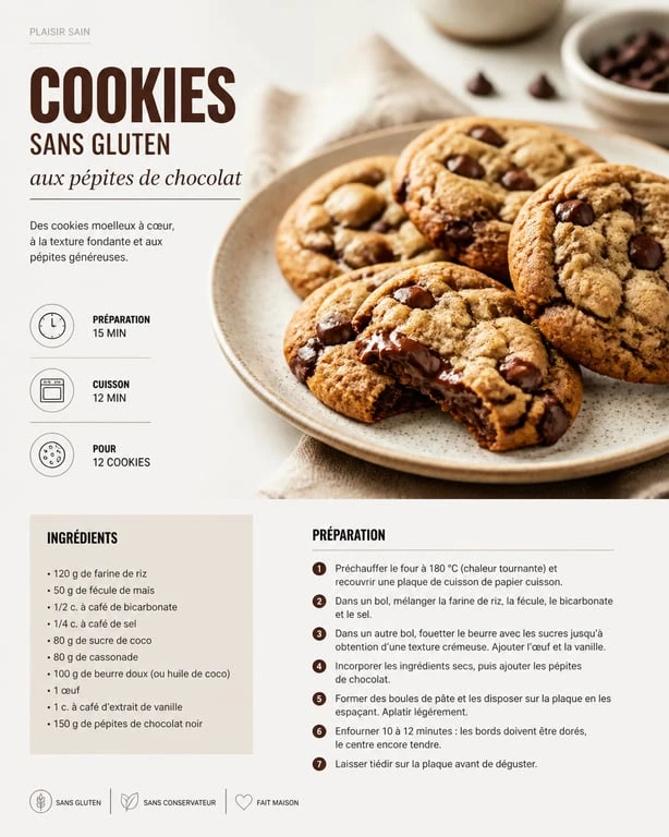 Cookies sans gluten aux pépites de chocolat faits maison, fondants et gourmands.