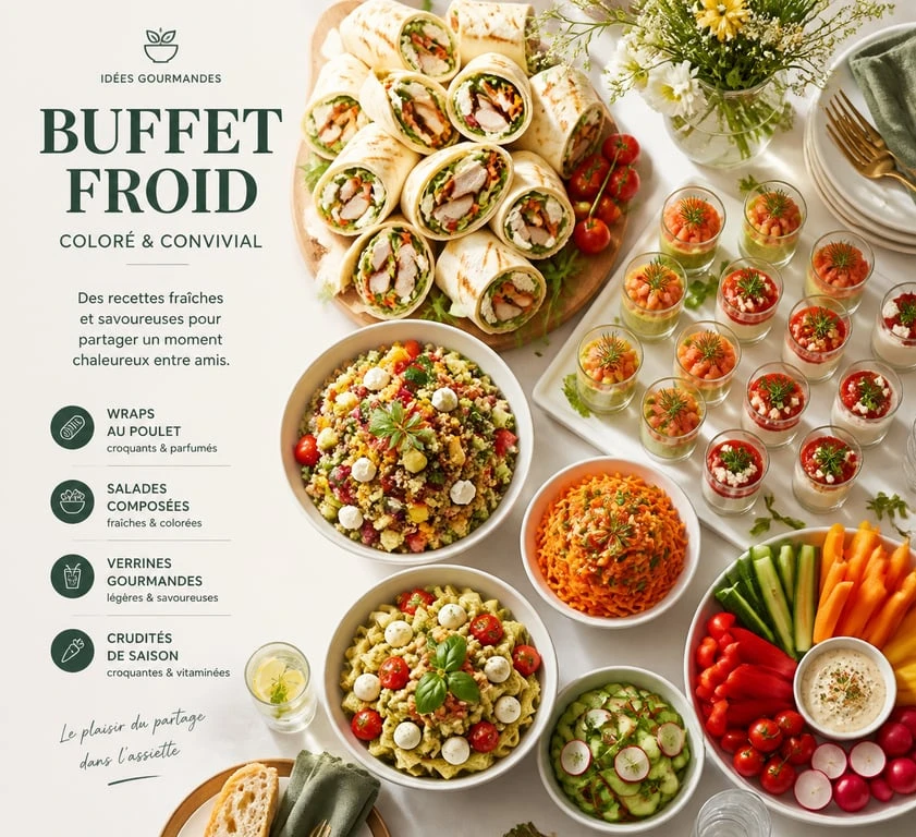 Buffet froid convivial avec wraps au poulet et salades pour un repas entre amis