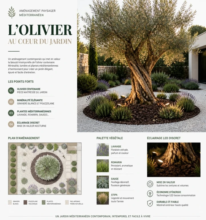 Aménagement paysager d'un olivier dans un jardin méditerranéen avec paillage minéral et plantes aromatiques