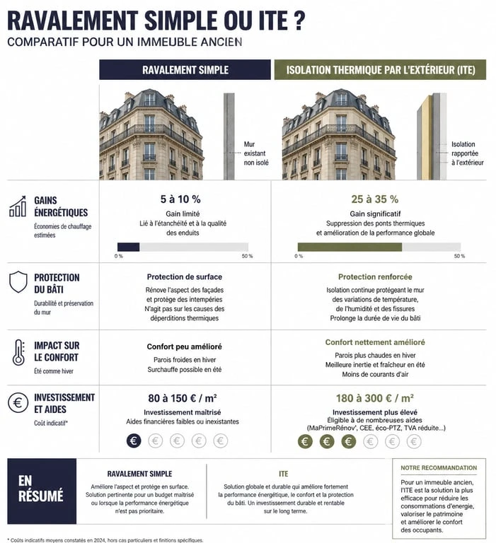 Comparatif ravalement simple vs isolation thermique par l'extérieur pour immeuble ancien