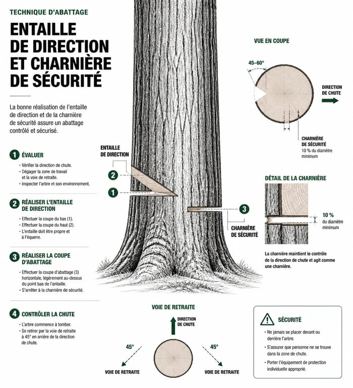 Schéma explicatif de la coupe d'arbre avec entaille de direction et charnière