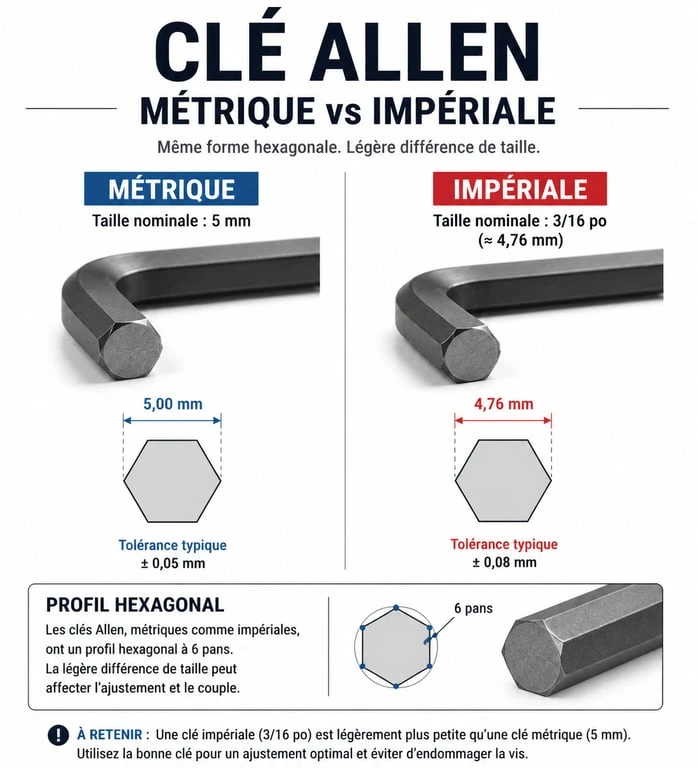 Comparaison visuelle entre une clé Allen métrique et une clé Allen américaine pour identifier la différence de taille.