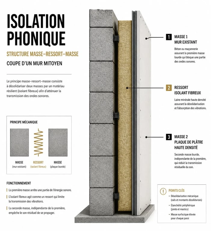 Schéma technique du principe masse-ressort-masse pour isoler phoniquement un mur mitoyen