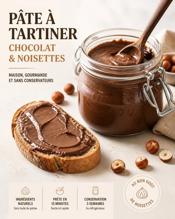 Pâte à tartiner healthy maison au chocolat et noisettes dans un bocal en verre