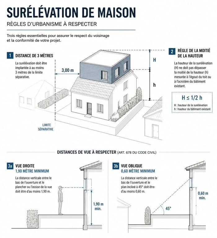 Schéma des règles d'urbanisme et de voisinage pour une surélévation de maison