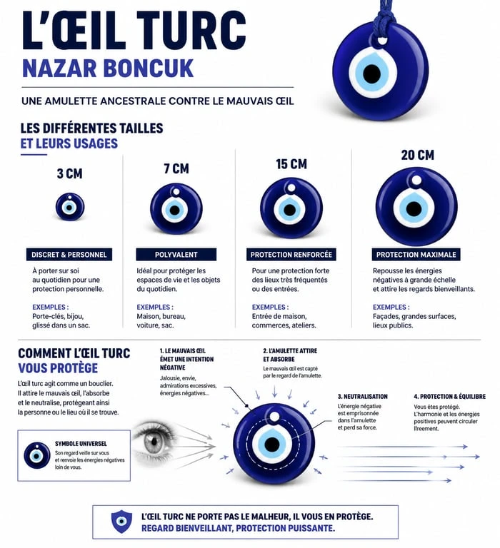 Infographie explicative sur les usages et la symbolique de l'œil turc Nazar Boncuk