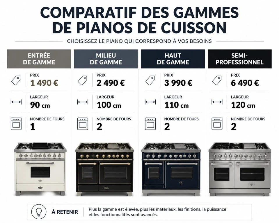 Infographie comparative des prix et caractéristiques des pianos de cuisson