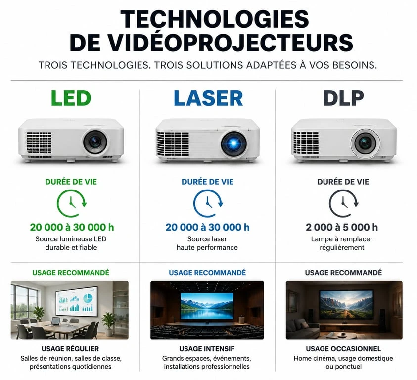 Comparatif des technologies de vidéoprojecteurs LED, Laser et DLP pour choisir un vidéoprojecteur avec TV intégrée