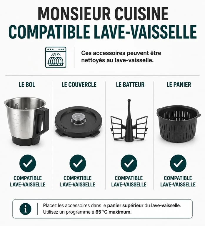 Infographie des accessoires du robot Monsieur Cuisine compatibles avec le lave-vaisselle pour un entretien optimal