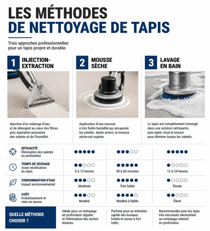 Infographie comparative des méthodes de nettoyage professionnel de tapis selon la matière et le type de textile