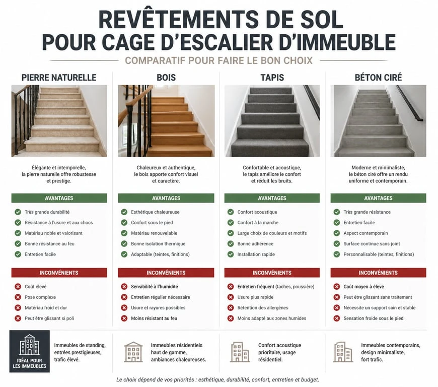 Comparatif des matériaux de revêtement pour cage d'escalier d'immeuble : pierre, bois, tapis et béton.
