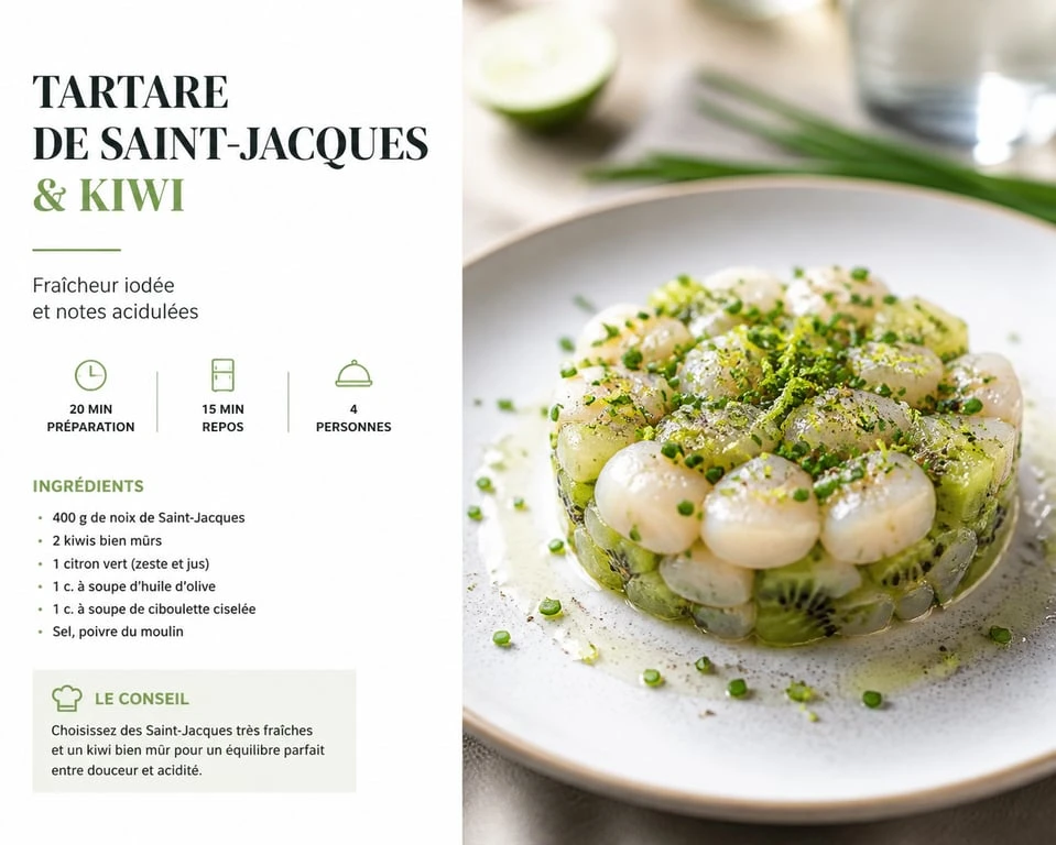Tartare de Saint-Jacques et kiwi au citron vert, une recette fraîche et originale pour cuisiner le kiwi.