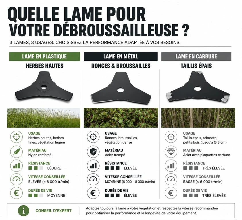 Comparatif des types de lames pour rotofil à lame : plastique, métal et carbure pour choisir l'outil adapté à votre jardin.