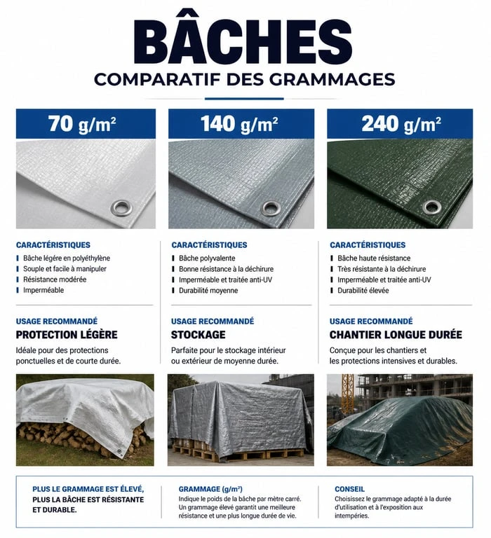 Infographie comparative des grammages et usages pour choisir une grande bâche de protection