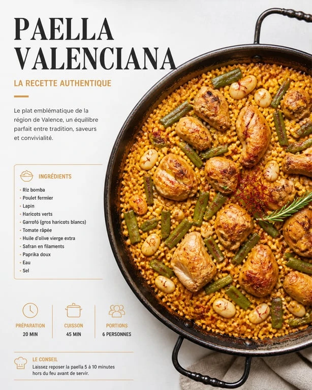 Paella valenciana authentique servie dans une poêle traditionnelle