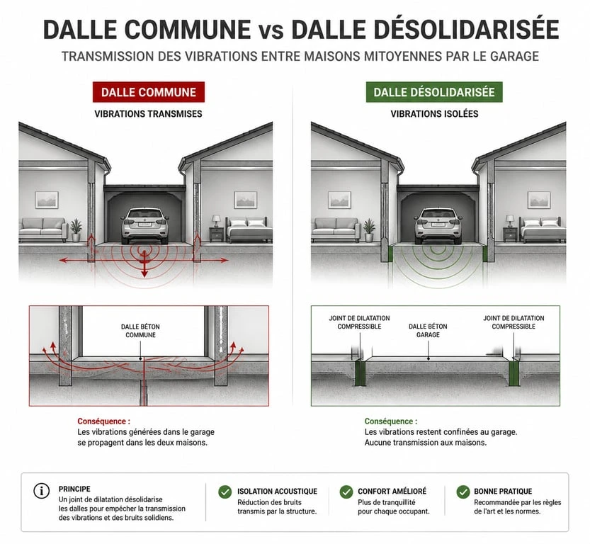Schéma technique comparatif d'isolation phonique pour maison mitoyenne par le garage