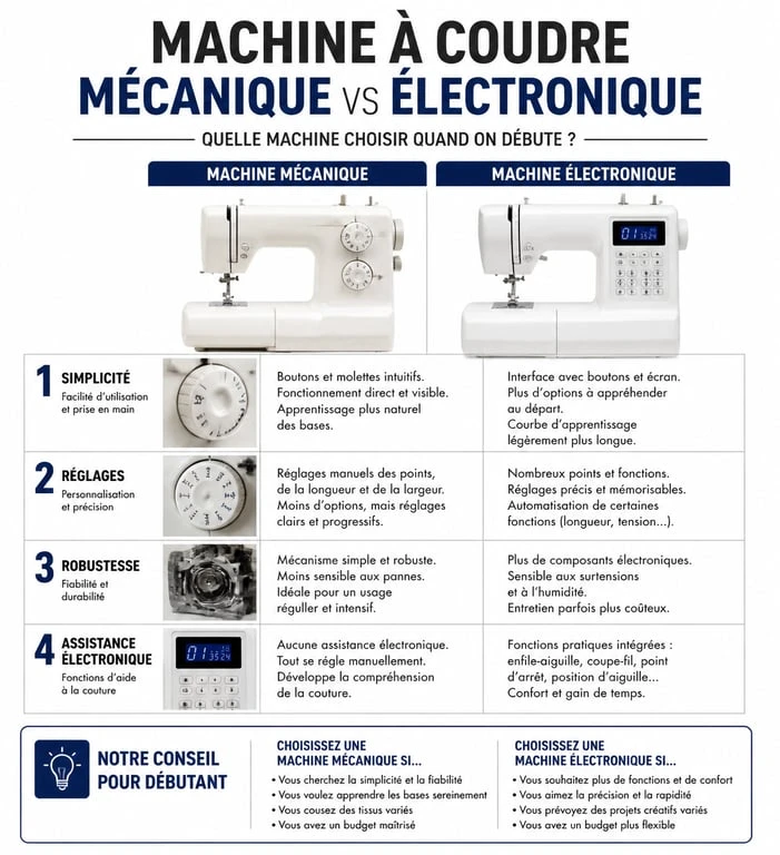 Infographie comparative des machines à coudre pour débutant : mécanique vs électronique