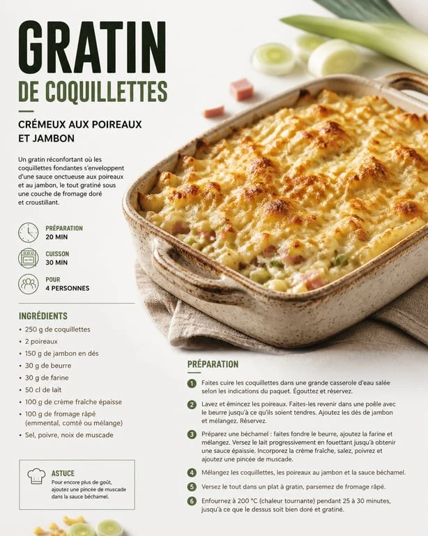 Gratin de coquillettes crémeux aux poireaux et jambon, recette facile pas cher