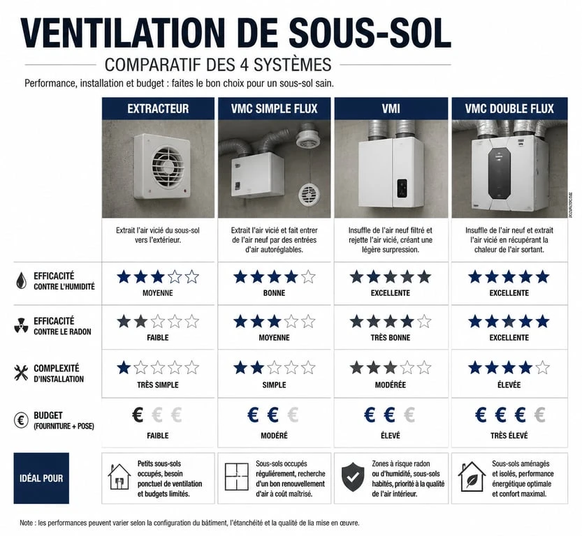 Comparatif des systèmes de ventilation mécanique pour sous-sol : extracteur, VMC et VMI