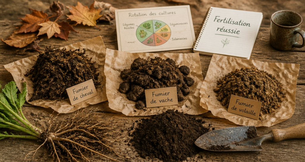 quand mettre du fumier au jardin, échantillons sur table rustique
