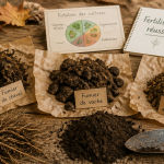 quand mettre du fumier au jardin, échantillons sur table rustique