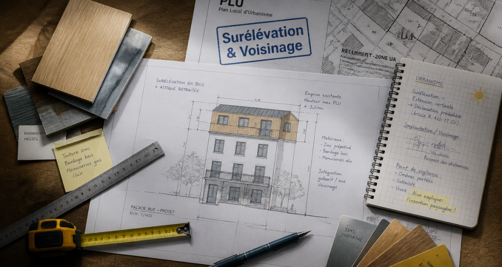 Plans surélévation maison et voisinage sur table d’architecte