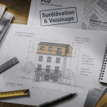 Plans surélévation maison et voisinage sur table d’architecte