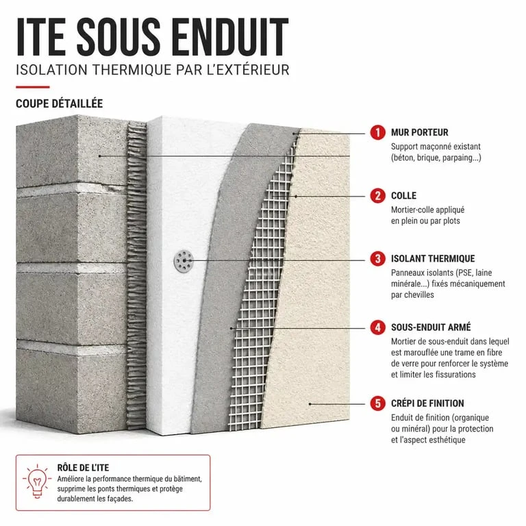 Schéma technique d'une isolation thermique par l'extérieur avec crépi isolant