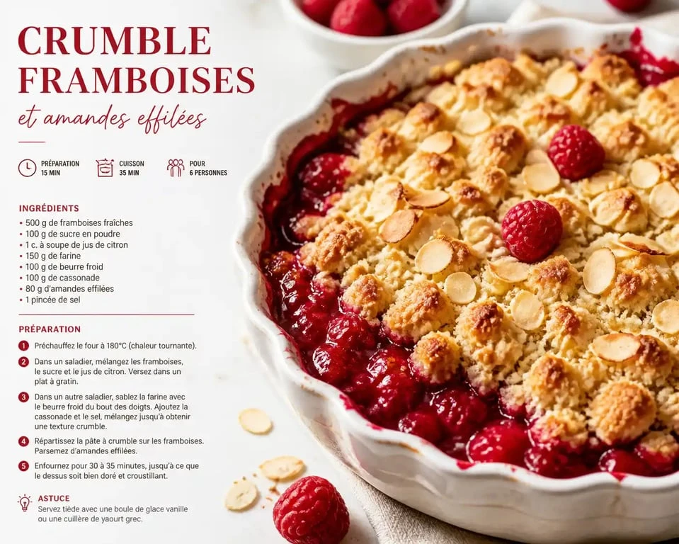 Crumble framboise poudre amande doré et croustillant dans un plat