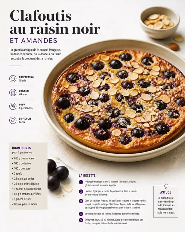 Clafoutis rustique au raisin noir et amandes, une recette au raisin gourmande et facile