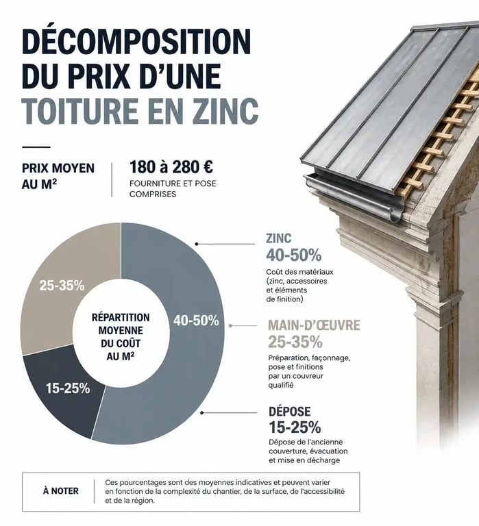 Infographie montrant la décomposition du prix d'un toit en zinc au m²