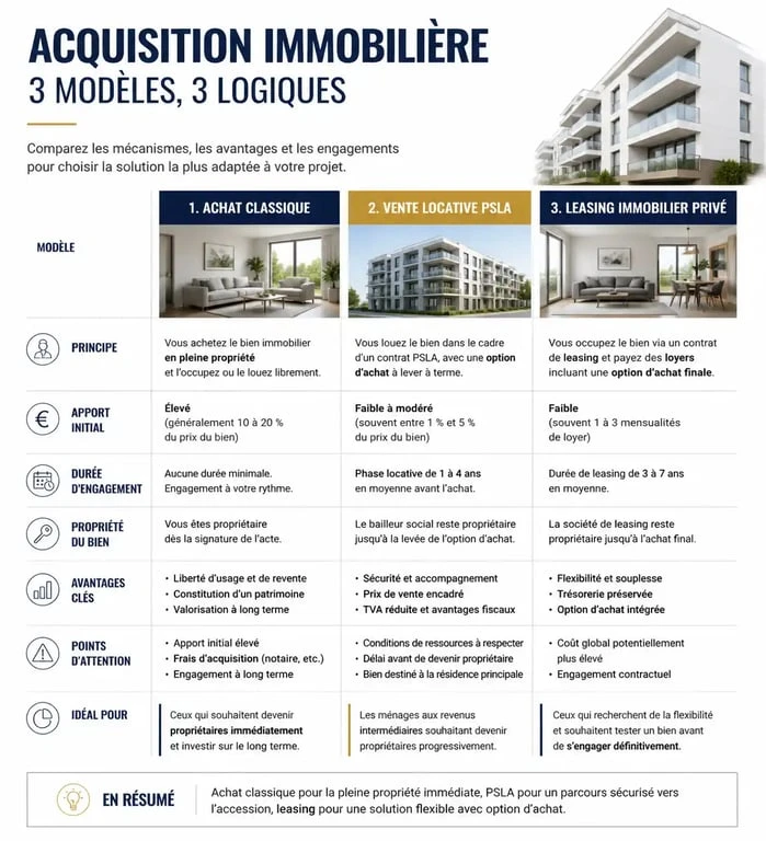 Comparatif des dispositifs de vente locative, PSLA et achat classique pour devenir propriétaire