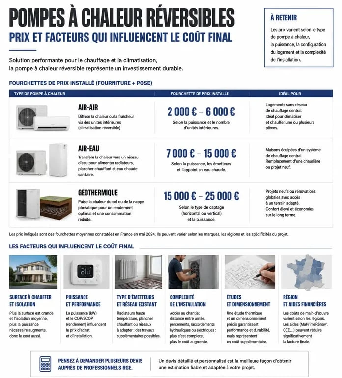 Infographie des prix et coûts d'installation d'une pompe à chaleur clim réversible selon la technologie.