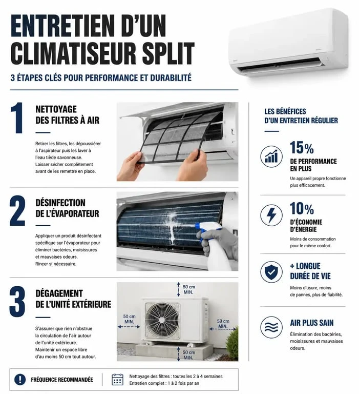 Infographie des étapes de nettoyage d'un climatiseur pour améliorer ses performances et la qualité de l'air