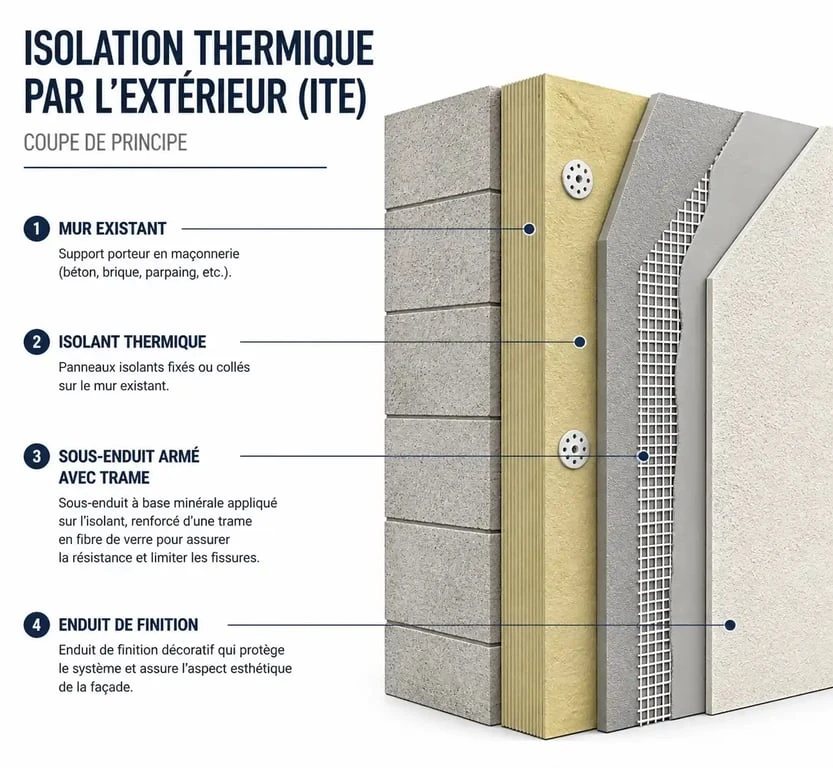 Schéma technique des couches d'une isolation thermique par l'extérieur (ITE) lors d'un ravalement de façade