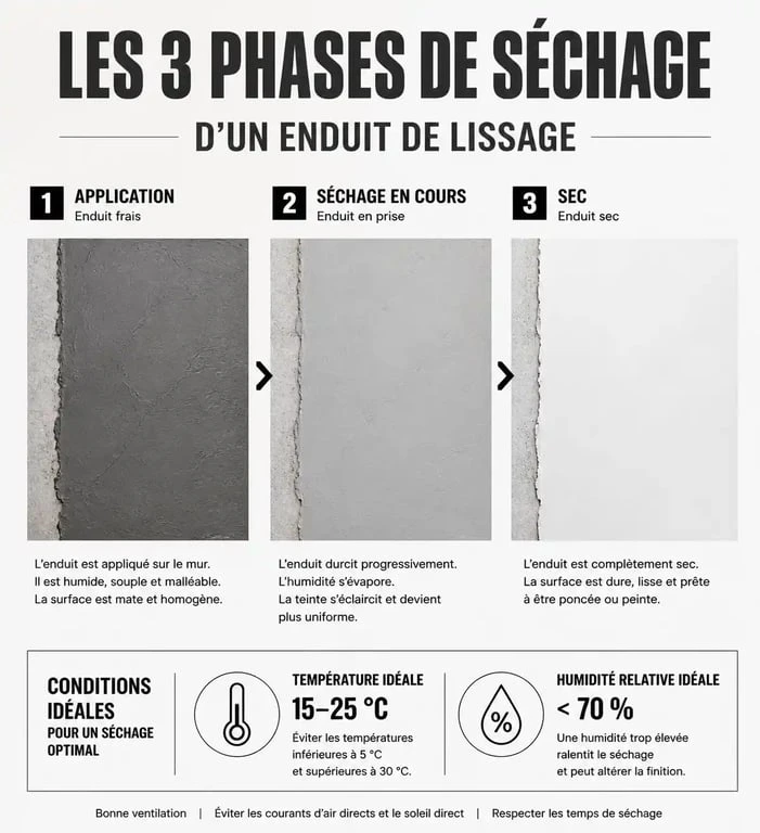 Infographie sur le temps de séchage de l'enduit de lissage avant ponçage : indicateurs visuels et conditions ambiantes