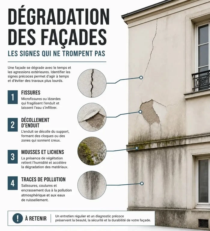 Infographie des signes de dégradation d'une façade nécessitant un ravalement