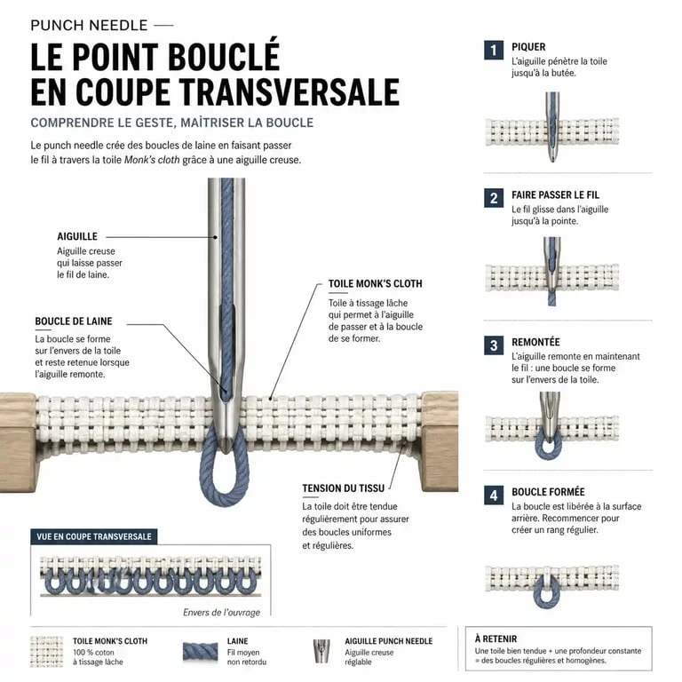 Schéma technique du fonctionnement du punch needle pour la création d'un tapis