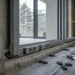 Installation baie vitrée : pose du dormant en rénovation, niveau et cales visibles