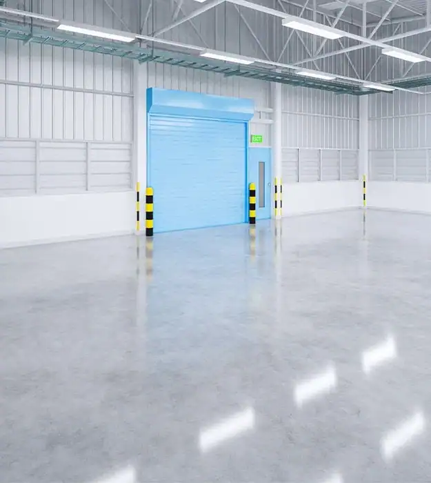 Industrial warehouse with polished concrete floor and loading dock door