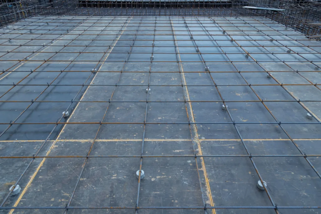 industrial concrete slab with rebar grid and post tension cables