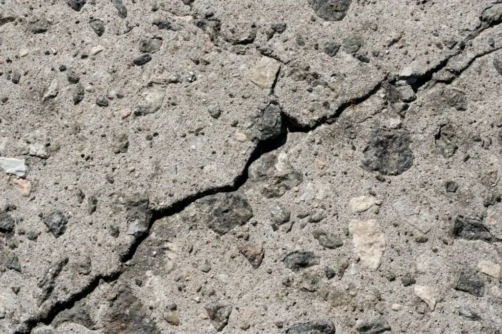 Close-up of cracked concrete pavement showing damage from freeze-thaw cycles in Edmonton.