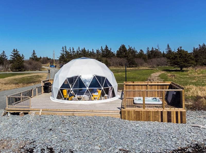 Front view of one of the Driftwood by the Bay domes. Nova Scotia glamping domes.