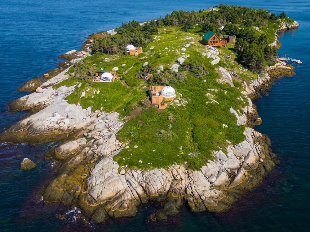Aerial view of the island glamping site or Nova Glamping. Nova Scotia glamping domes.