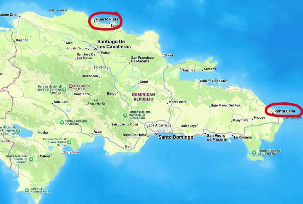 Punta Cana vs Puerto Plata. A map showing locations of the two vacation cities.