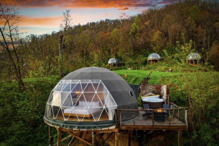 Glamping domes North Carolina travelers love - Green glamping domes on the Blue Ridge Mountains.