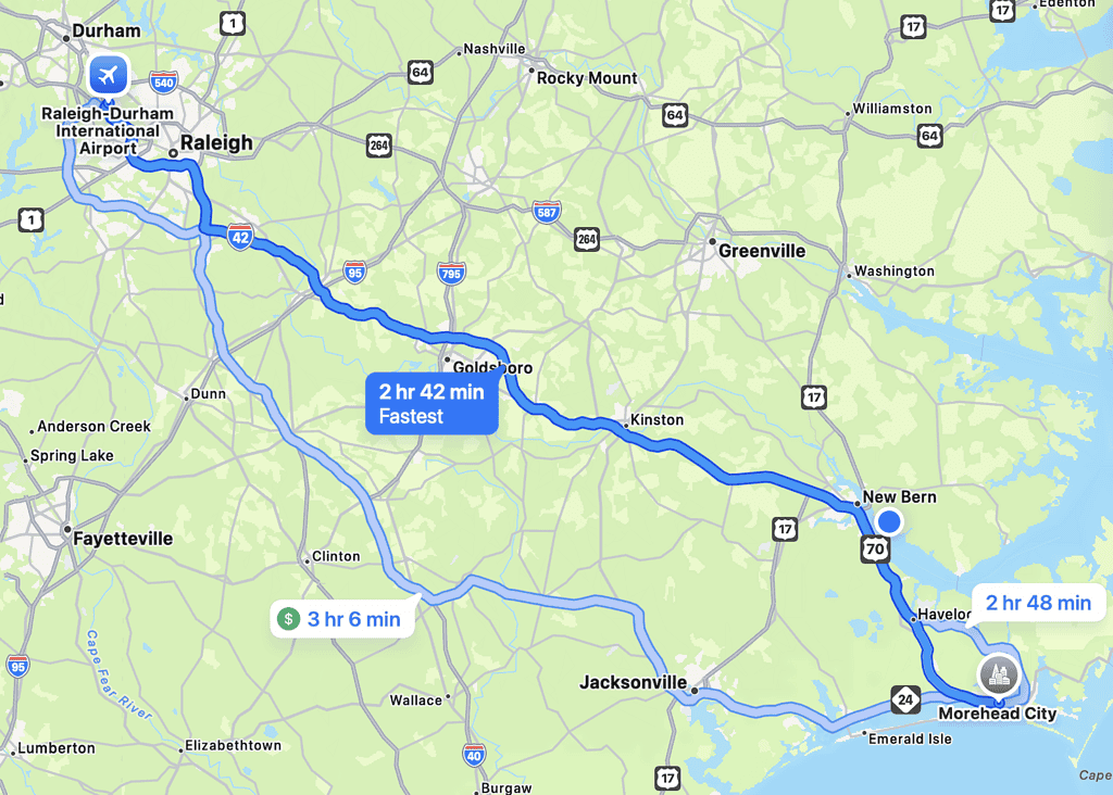 Crystal Coast direction map from Raleigh RDU