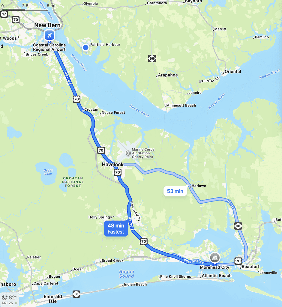 Crystal Coast directions map from New Bern