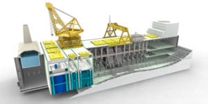 ThorConIsle cooling pond, fission power module, secondary heat exchanger cell, steam generator cell, turbine hall, switchgear hall.